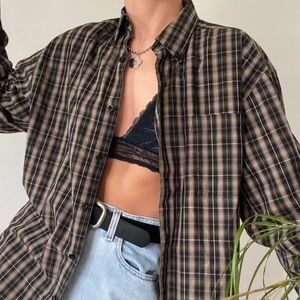 Y2K brown and black plaid button up long sleeve skater boy grunge dad shirt
